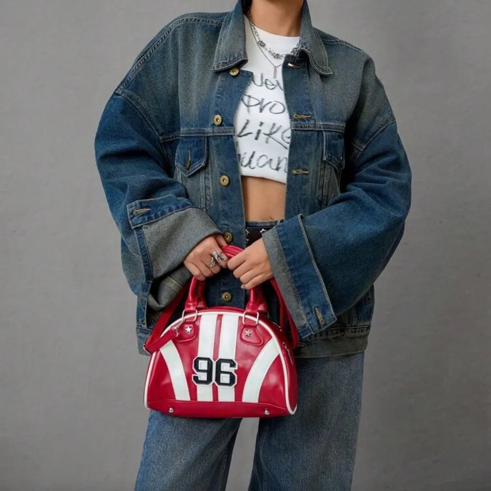 Red and White Striped Dome Satchel Bag w. '96' Patch - Picture 7 of 11